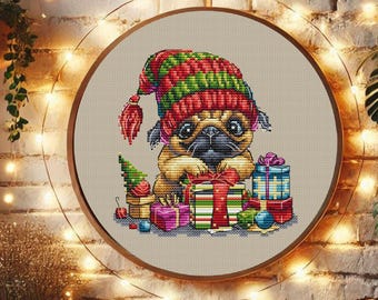 Christmas Pug Cross Stitch Pattern: Holiday Dog Embroidery (PDF Digital Download)