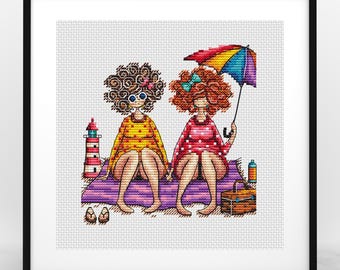 Beach Besties Cross Stitch Pattern, Best Friend Gift, Girls Trip Summer Vacation PDF Chart
