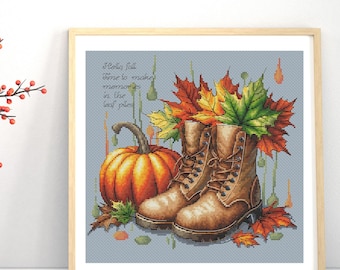 Autumn Boots Cross Stitch Pattern, Cozy Fall Decor PDF Chart