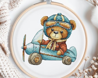 Pilot Bear Cross Stitch Pattern: Nursery Animals Embroidery (Digital Pattern)