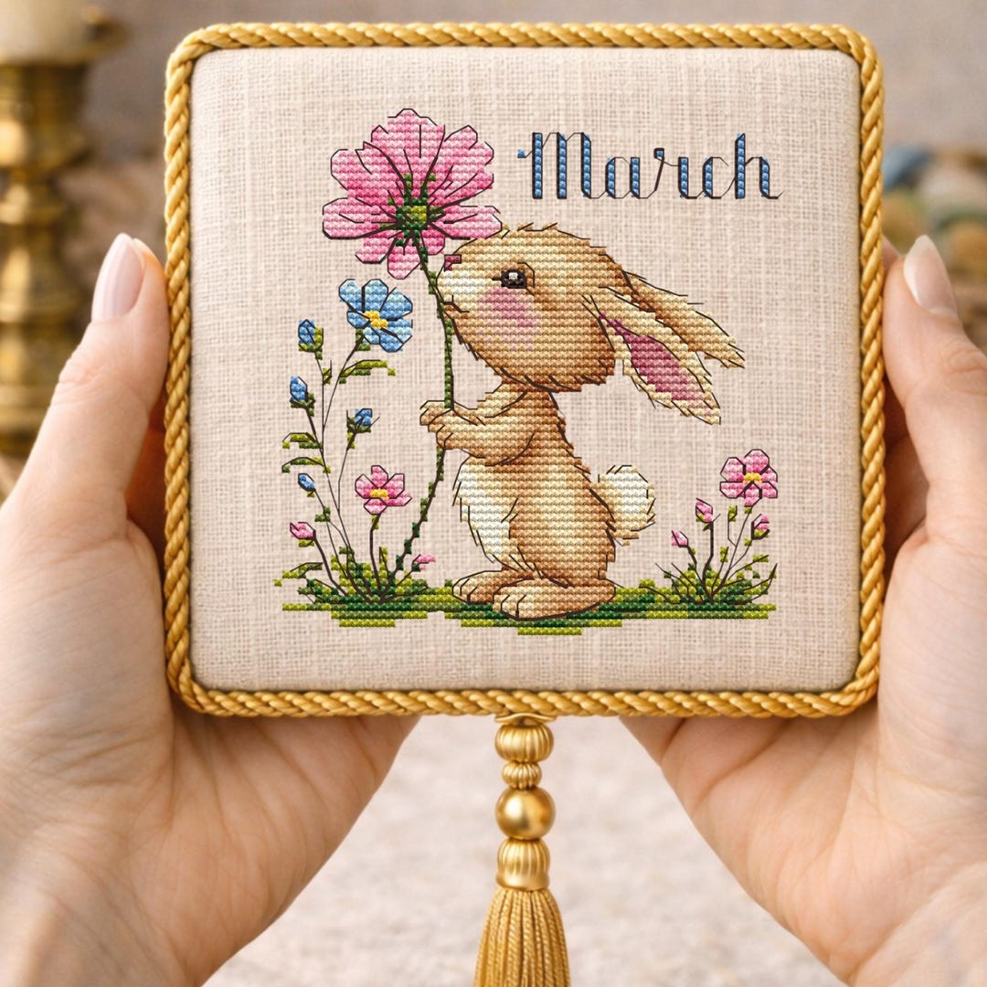 Circle Pattern March March Cross Stitch Pattern Calendar March Bunny Spring Month Embroidery ...