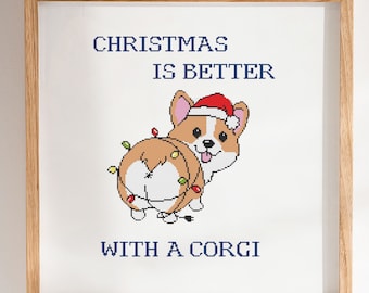 Funny Christmas Corgi Cross Stitch Pattern, Dog Lover Gift PDF Chart