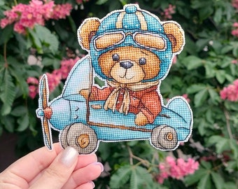 Pilot Bear Cross Stitch Pattern, Teddy Bear Aviator PDF Chart, Airplane Nursery Decor Gift