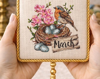 Bird Cross Stitch Pattern. Robin Nest Eggs Spring Embroidery Gift. Calendar March. Bird Lover Nature Needlework Chart. Digital Download