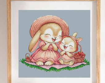 Mom and Baby Bunny Cross Stitch Pattern, Easter Nursery Decor, Baby Shower Gift PDF Chart