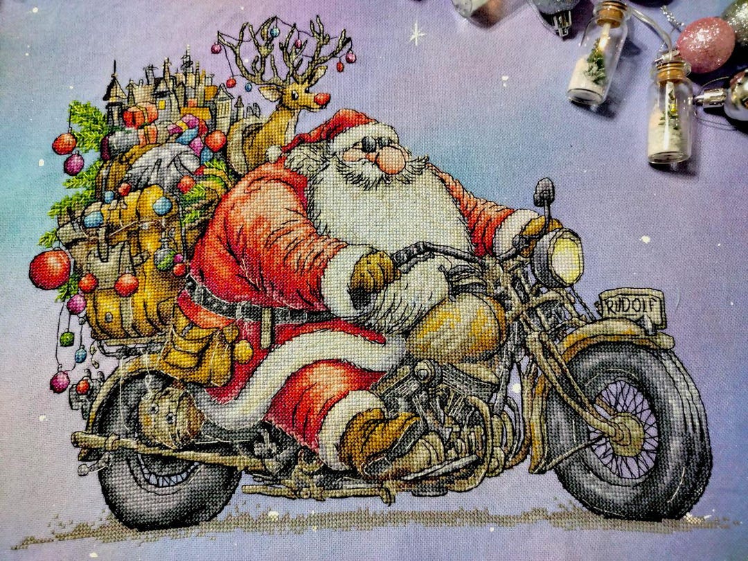 Santa Biker Motorcycle Cross Stitch Pattern, Rudolph Reindeer, Funny ...