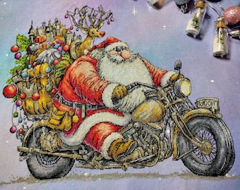 Santa Biker Motorcycle Cross Stitch Pattern, Rudolph Reindeer, Funny Christmas Rider, Digital Download Needlework Chart