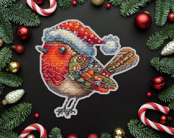 Christmas Robin Cross Stitch Pattern Bird Ornament PDF Cute Holiday Bauble Needlework Chart Winter Decor