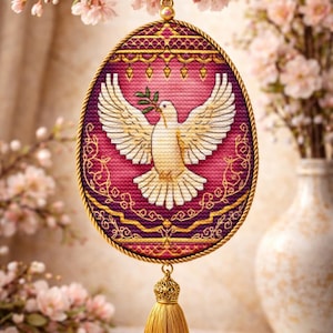 May include: An oval-shaped, embroidered ornament featuring a white dove with an olive branch, set against a pink background. The ornament has gold trim and a gold tassel. The background includes pink flowers and a vase.