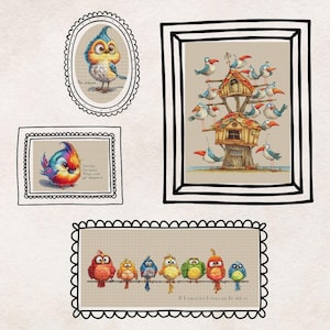 Paquete de patrones de punto de cruz: 4 diseños divertidos de pájaros (PDF). Gráfico de bordado a mano con un pájaro peculiar y adorable, conjunto de pájaros caprichosos, digital.