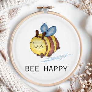 Bee cross stitch pattern funny insect. Bee happy pdf cross stitch pattern saga.