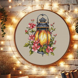 Floral lantern with pink flowers cross stitch pattern, PDF embroidery pattern, digital download, romantic boho cottagecore design