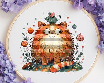 Quirky Cat and Mouse Cross stitch pattern. Digital Pattern Whimsical Cute Pet. Cute Cat and mice Hand Embroidery Funny Needlepoint chart