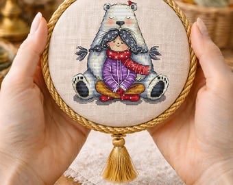 Christmas Girl and Bear Cross Stitch Pattern PDF, Winter Ornament Needlework Chart, Holiday Decor