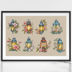 Floral Lanterns set of 8 cross stitch patterns, PDF embroidery pattern, digital download – vintage flower lantern, whimsical floral decor