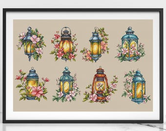 Floral Lantern Cross Stitch Pattern Set, Vintage Romantic Lanterns, Cottagecore Floral Embroidery, Digital Sampler Design