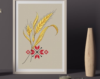 Ukrainian Wheat Cross Stitch Pattern Folk Ornament Needlework Chart Digital Download Harvest Wall Art