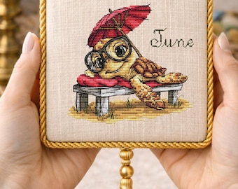 June Turtle Calendar Cross Stitch Pattern, Summer Turtle PDF Chart, Monthly Calendar Decor