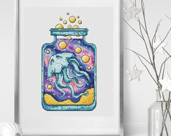 Jellyfish Cross Stitch Pattern Ocean Jar Magic Design Witchy Sea Embroidery Fantasy Marine Decor