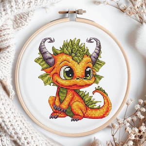 Orange Baby Dragon Cross Stitch Pattern: Fantasy Embroidery (Digital Pattern)
