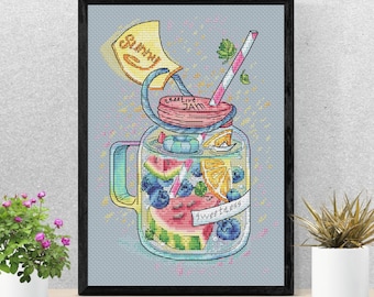 Summer Jam Cross Stitch Pattern Mason Jar Fruit Needlework Chart Digital Download Kitchen Wall Art