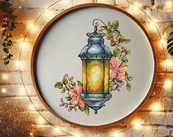 Floral Lantern Cross Stitch Pattern Cottagecore Decor Vintage Lantern Embroidery Romantic Flower Design Needlework PDF