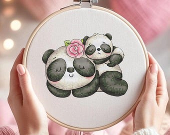 Mother and Baby Panda Cross Stitch Pattern, Nursery Wall Art, Baby Shower Gift, Cute Animal Digital Chart