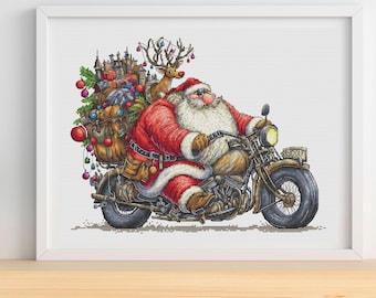 Funny Santa on Bike Cross Stitch Pattern: Whimsical Christmas Embroidery (PDF Pattern)