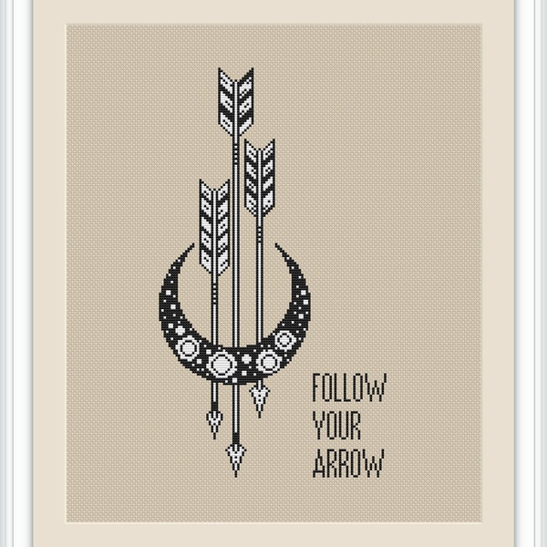 Mystical Moon and Arrow Cross Stitch Pattern. Follow your arrow. Gothic Cross Stitch. Witchy Space Sampler. Without backstitch