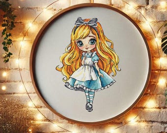 Alice Cross Stitch Pattern PDF, Wonderland Fantasy Girl, Cute Kawaii Fairy Tale Embroidery Chart