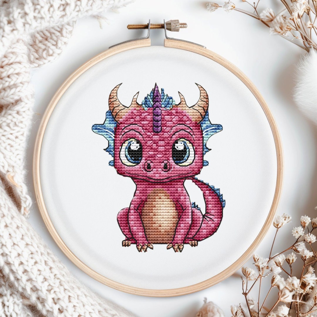 Cross Stitch Pattern Pink Dragon. Digital Pattern Fantasy Baby Dragon ...