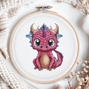 Cross stitch pattern pink dragon. Digital Pattern Fantasy Baby Dragon Pattern. Cute Baby Dragon Hand Embroidery Needlepoint chart