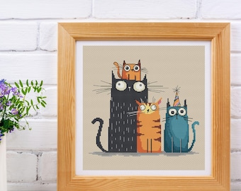 Funny Cats Cross Stitch Pattern: Quirky Feline Family Embroidery (PDF + Saga)