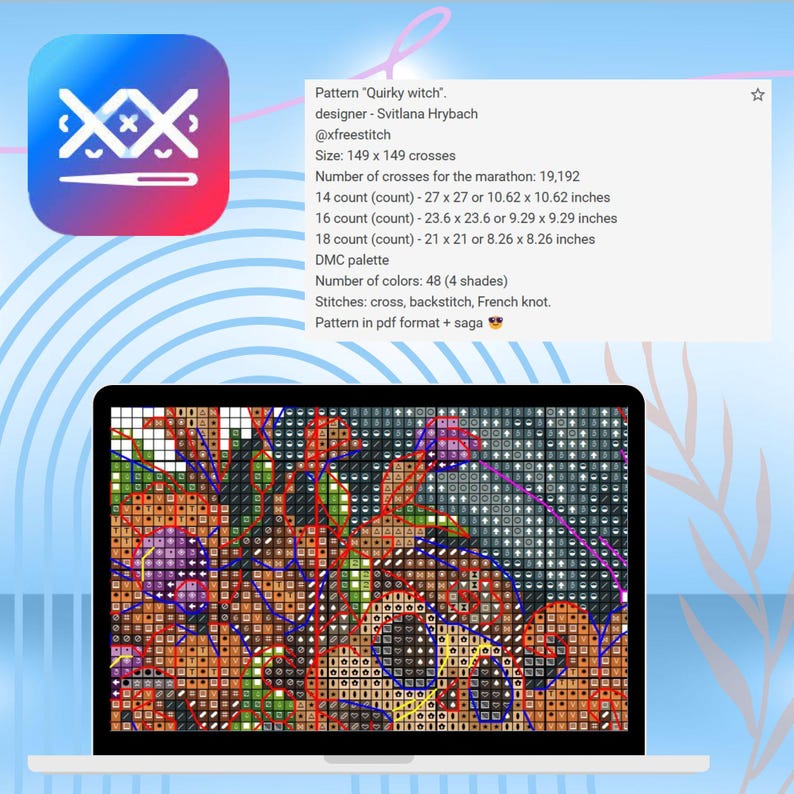 以下が含まれることがあります： 「Quirky Witch」のデザインのクロスステッチパターンのデジタル画像。パターンは149 x 149ステッチで、48色を使用しています。パターンには、クロスステッチ、バックステッチ、フレンチノットステッチの指示が含まれています。パターンはPDF形式で入手できます。