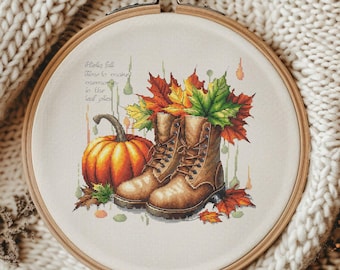 Autumn Cross Stitch Pattern Pumpkin Boots Cozy Fall Decor Cottagecore Embroidery Harvest Season Needlework Chart Digital