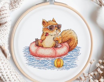 Summer Cross Stitch Pattern Funny Beach Animal Squirrel Cocktail Coastal Decor Cute Vacation Embroidery Design PDF