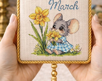 March Cross Stitch Pattern Calendar Mouse Daffodil Spring Embroidery Monthly Needlework Chart Digital Download