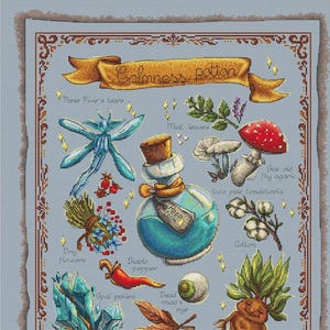 May include: A blue glass bottle with a cork stopper and a label that says "Keep Calm" is surrounded by various ingredients for a potion, including pixie tears, mint leaves, toadstools, and a dead man's eye. The ingredients are labeled with their names in a handwritten font. The image is titled "Calmness Potion".