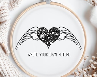 Gothic Heart Cross Stitch Pattern Winged Heart Quote Write Your Own Future Dark Academia Embroidery Minimalist Needlework Chart