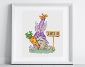 Easter Gnome Cross Stitch Pattern Bunny Gnome Embroidery Spring Decor Cute Rabbit Gnome Easter Gift Needlework Chart