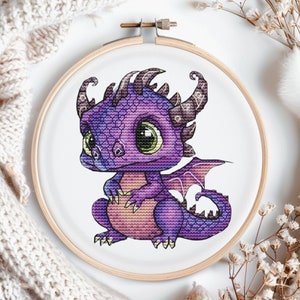 Purple Baby Dragon Cross Stitch Pattern: Fantasy Embroidery (Digital Pattern)