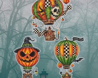 Halloween Cross Stitch Pattern Set Pumpkin Hot Air Balloon Bundle Gothic Witchy Decor Spooky Embroidery