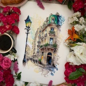 Cross stitch pattern European city. Digital Pattern Paris street Landscape Pattern. France cityscape  Hand Embroidery Needlepoint chart
