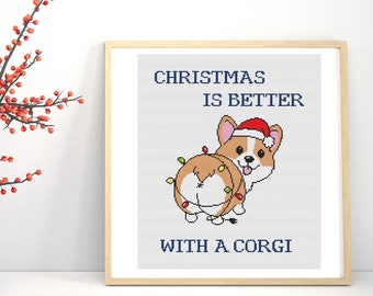Christmas Corgi Cross Stitch Pattern, Funny Dog Lover Gift PDF Chart