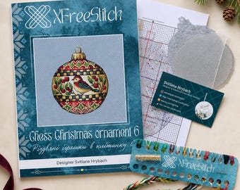 Christmas Ornament Cross Stitch Kit, Bird Bauble DIY Embroidery Kit, Buffalo Check Decor