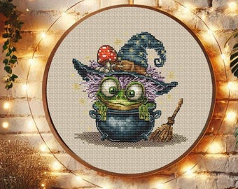 Frog Witch Cross Stitch Pattern. Digital Halloween Pattern with Cauldron and Broom. Whimsical Toad Hand Embroidery Needlepoint Chart