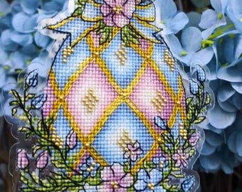 Easter Egg Cross Stitch Pattern PDF, Floral Checkered Ornament, Pastel Spring Embroidery Chart