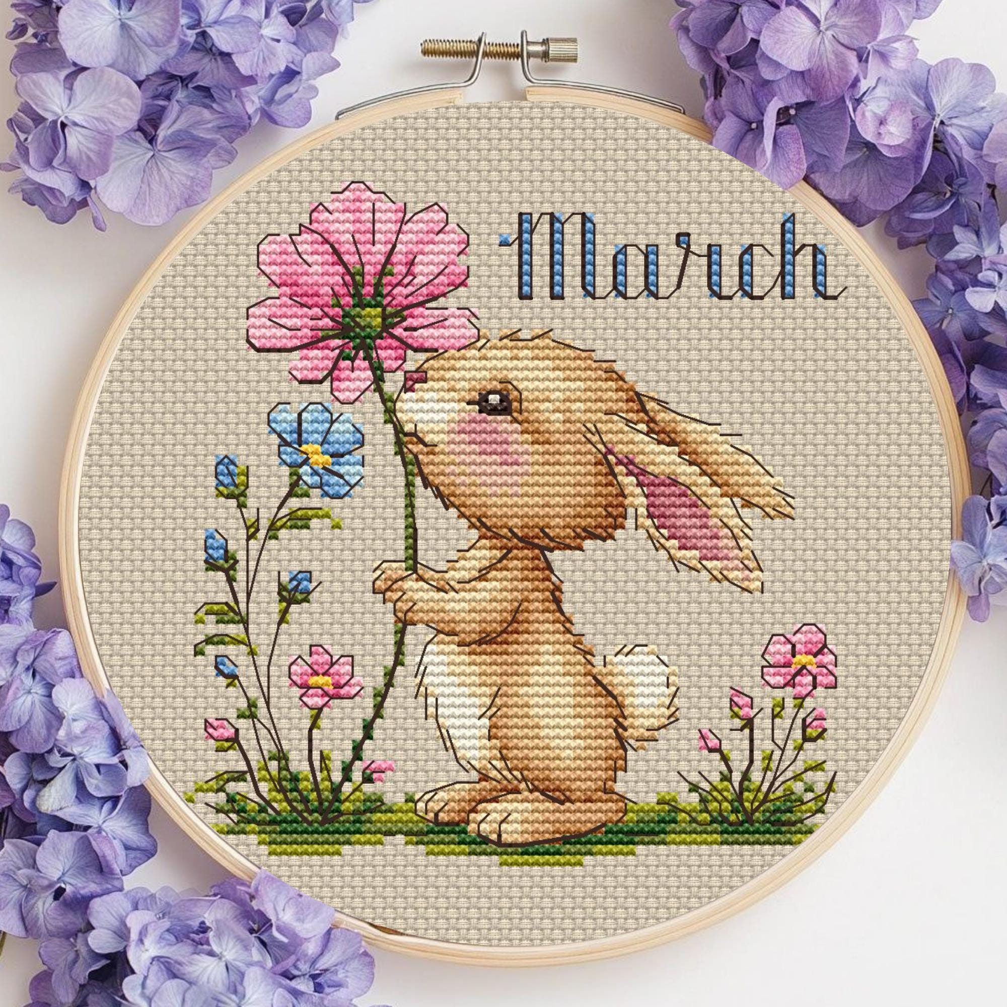 Circle Pattern March March Cross Stitch Pattern Calendar March Bunny Spring Month Embroidery ...