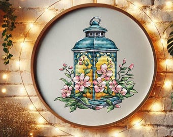 Floral Lantern Cross Stitch Pattern, Cottagecore Wall Art PDF Chart