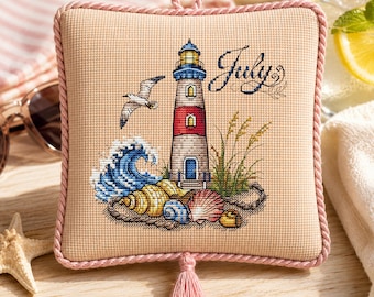 July Lighthouse Cross Stitch Pattern PDF, Monthly Calendar Series, Coastal Ornament Chart